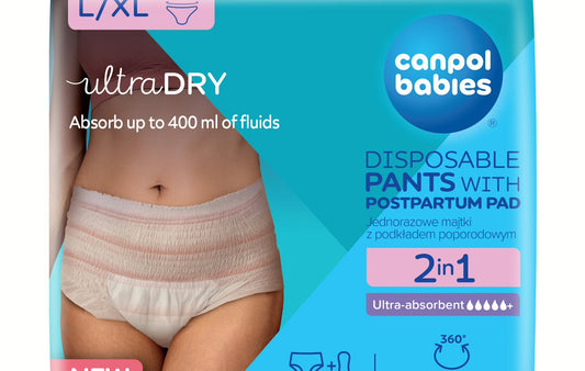 Oddychające i ultrachłonne jednorazowe majtki 2w1 z podkładem poporodowym - Canpol L XL