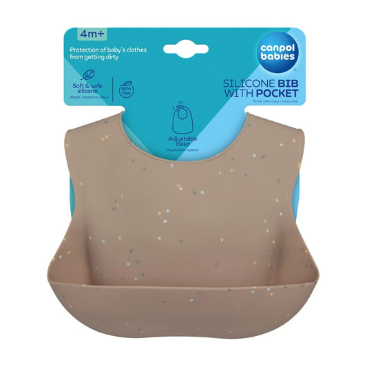 Śliniak silikonowy z kieszonką Dots- Canpol Beżowy