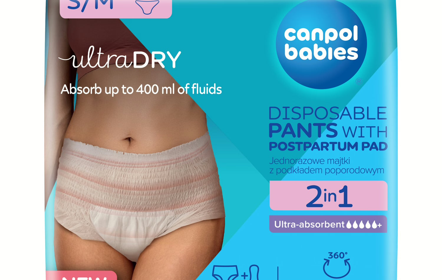 Oddychające i ultrachłonne jednorazowe majtki 2w1 z podkładem poporodowym - Canpol S M
